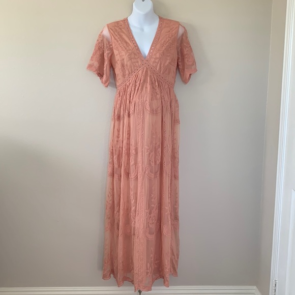 Pinkblush Pink Lace Overlay V Neck Maternity Maxi Dress - Picture 4 of 15